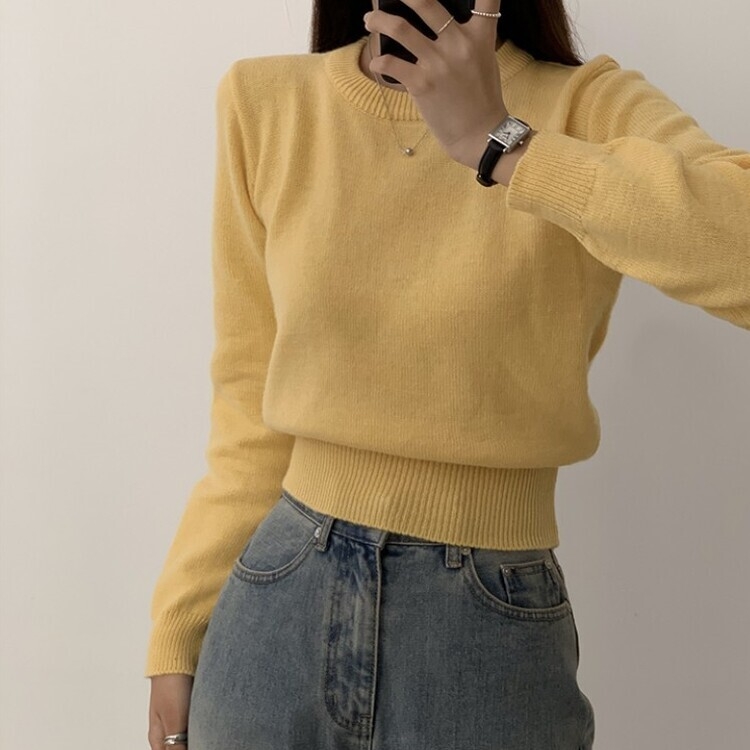 파스텔 가을 겨울 긴팔 라운드 무지 베이직 니트 옐로우