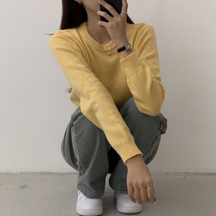파스텔 가을 겨울 긴팔 라운드 무지 베이직 니트 옐로우