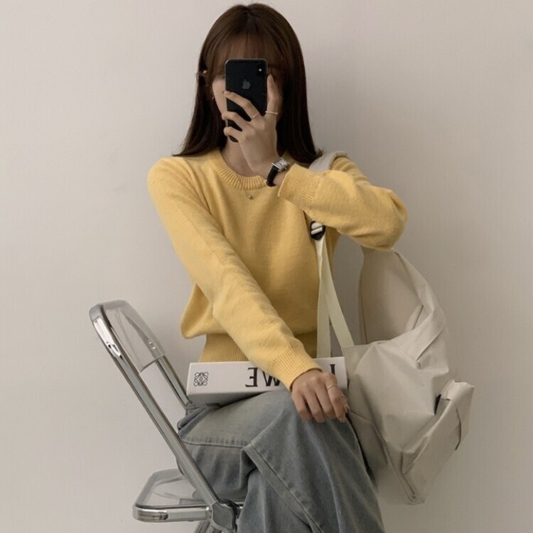 파스텔 가을 겨울 긴팔 라운드 무지 베이직 니트 옐로우