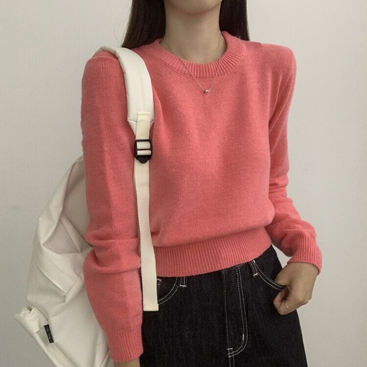 파스텔 가을 겨울 긴팔 라운드 무지 베이직 니트 진핑크
