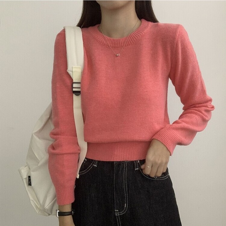 파스텔 가을 겨울 긴팔 라운드 무지 베이직 니트 진핑크
