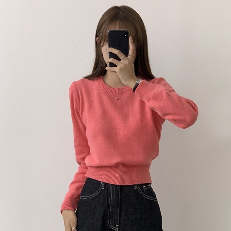 파스텔 가을 겨울 긴팔 라운드 무지 베이직 니트 진핑크