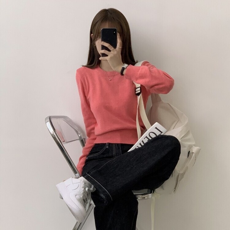 파스텔 가을 겨울 긴팔 라운드 무지 베이직 니트 진핑크