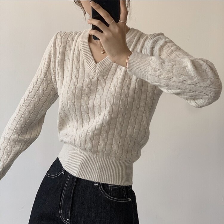 겨울 브이넥 꽈배기 허리잘록 숏 긴팔 니트 오트밀