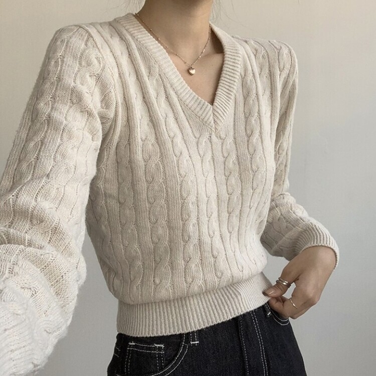 겨울 브이넥 꽈배기 허리잘록 숏 긴팔 니트 오트밀