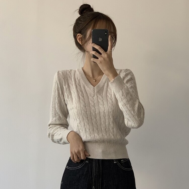 겨울 브이넥 꽈배기 허리잘록 숏 긴팔 니트 오트밀