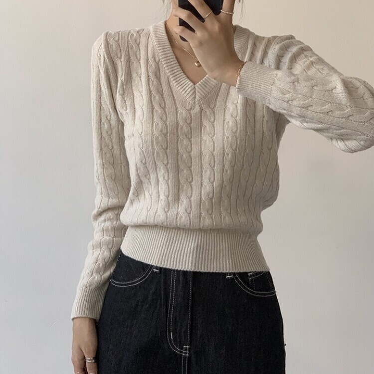 겨울 브이넥 꽈배기 허리잘록 숏 긴팔 니트 오트밀