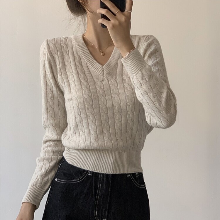 겨울 브이넥 꽈배기 허리잘록 숏 긴팔 니트 오트밀