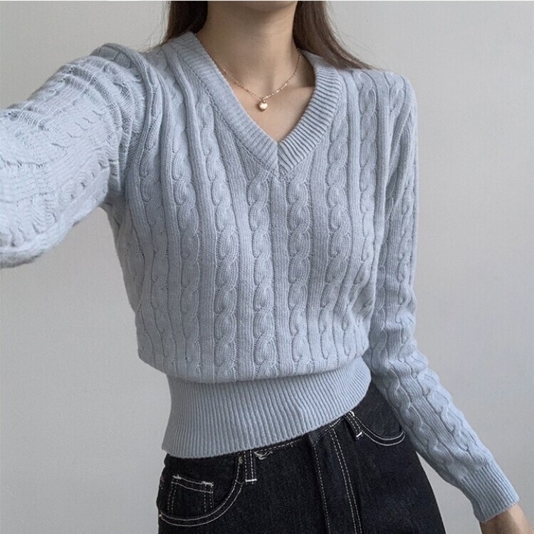 겨울 브이넥 꽈배기 허리잘록 숏 긴팔 니트 스카이블루