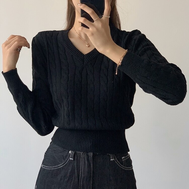 겨울 브이넥 꽈배기 허리잘록 숏 긴팔 니트 네이비