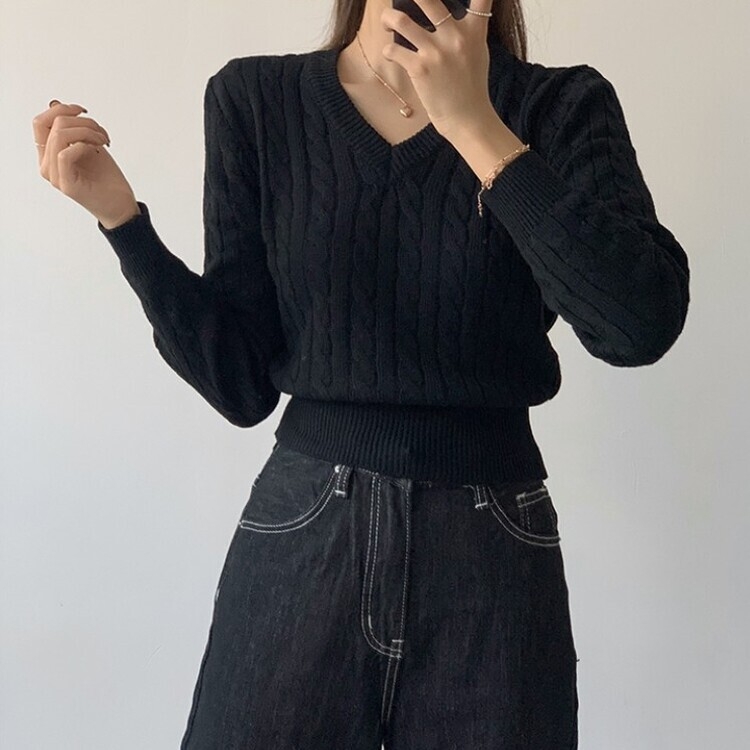 겨울 브이넥 꽈배기 허리잘록 숏 긴팔 니트 네이비
