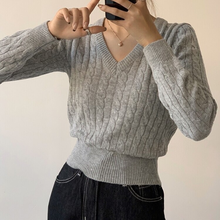 겨울 브이넥 꽈배기 허리잘록 숏 긴팔 니트 그레이