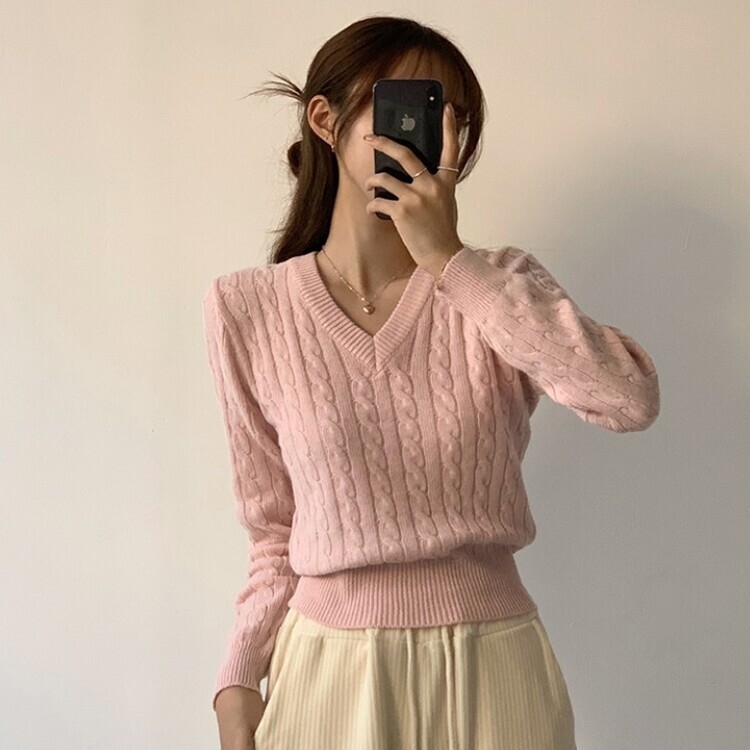 겨울 브이넥 꽈배기 허리잘록 숏 긴팔 니트 연핑크