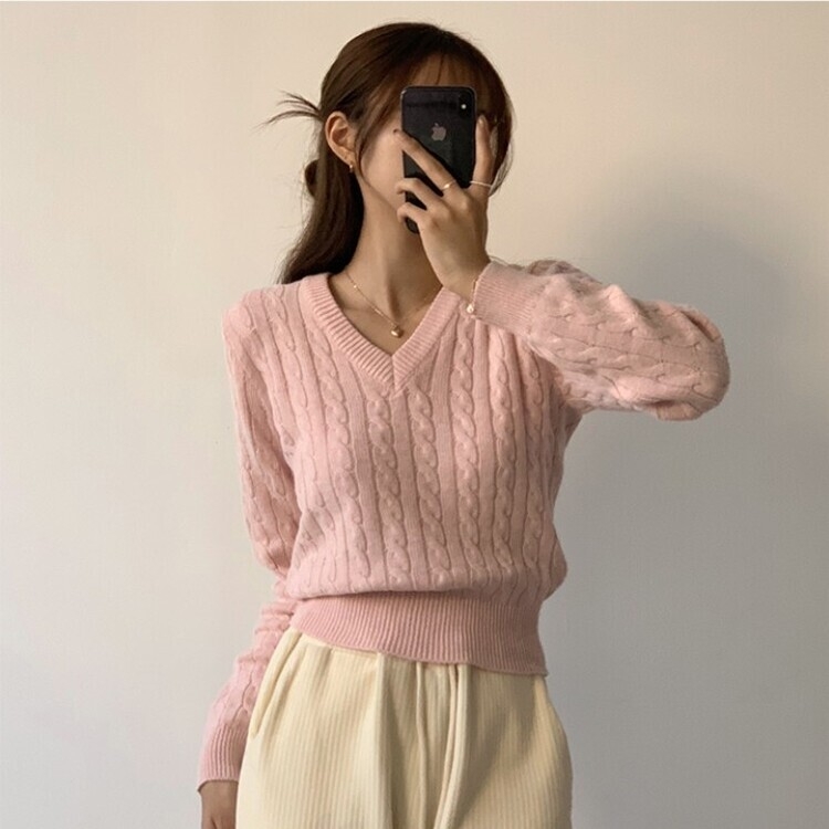 겨울 브이넥 꽈배기 허리잘록 숏 긴팔 니트 연핑크