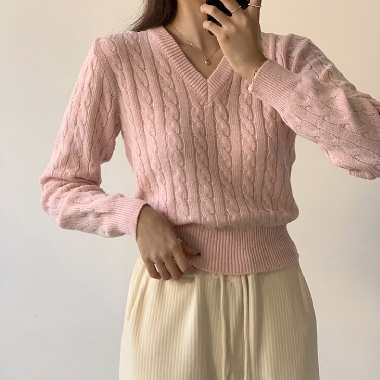 겨울 브이넥 꽈배기 허리잘록 숏 긴팔 니트 연핑크