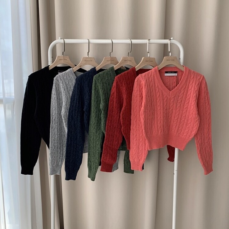 겨울 브이넥 꽈배기 허리잘록 숏 긴팔 니트