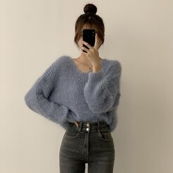 ニット Vネックアンゴラニット6色 AQUA