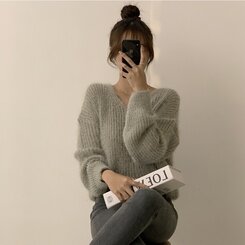 ニット Vネックアンゴラニット6色 KHAKI