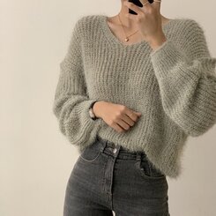 ニット Vネックアンゴラニット6色 KHAKI