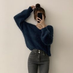 ニット Vネックアンゴラニット6色 BLUE