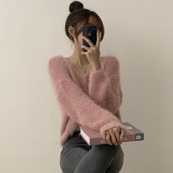 ニット Vネックアンゴラニット6色 PINK
