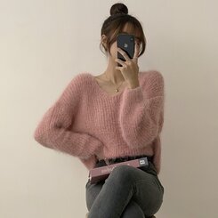 ニット Vネックアンゴラニット6色 PINK