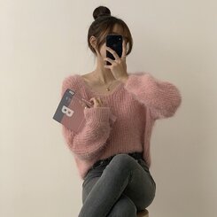 ニット Vネックアンゴラニット6色 PINK