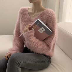 ニット Vネックアンゴラニット6色 PINK