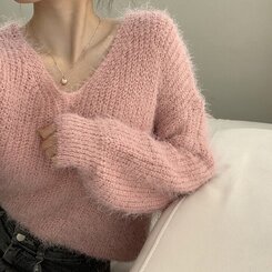 ニット Vネックアンゴラニット6色 PINK