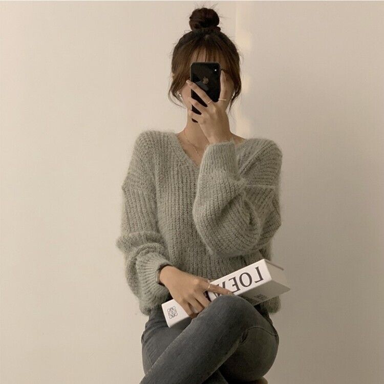Vネックアンゴラニット6色 KHAKI