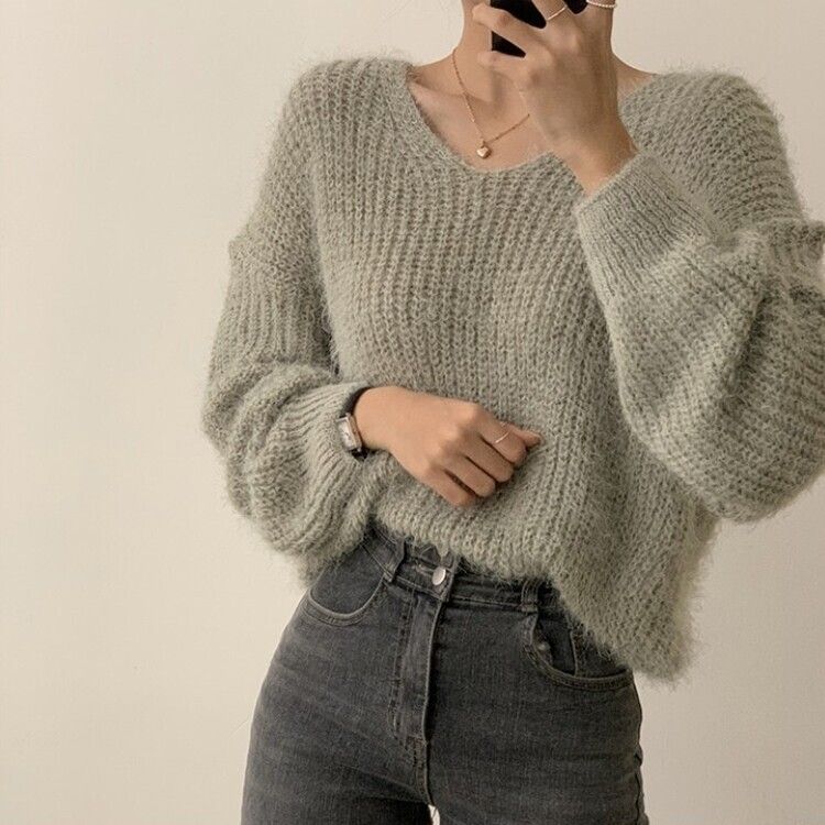 Vネックアンゴラニット6色 KHAKI