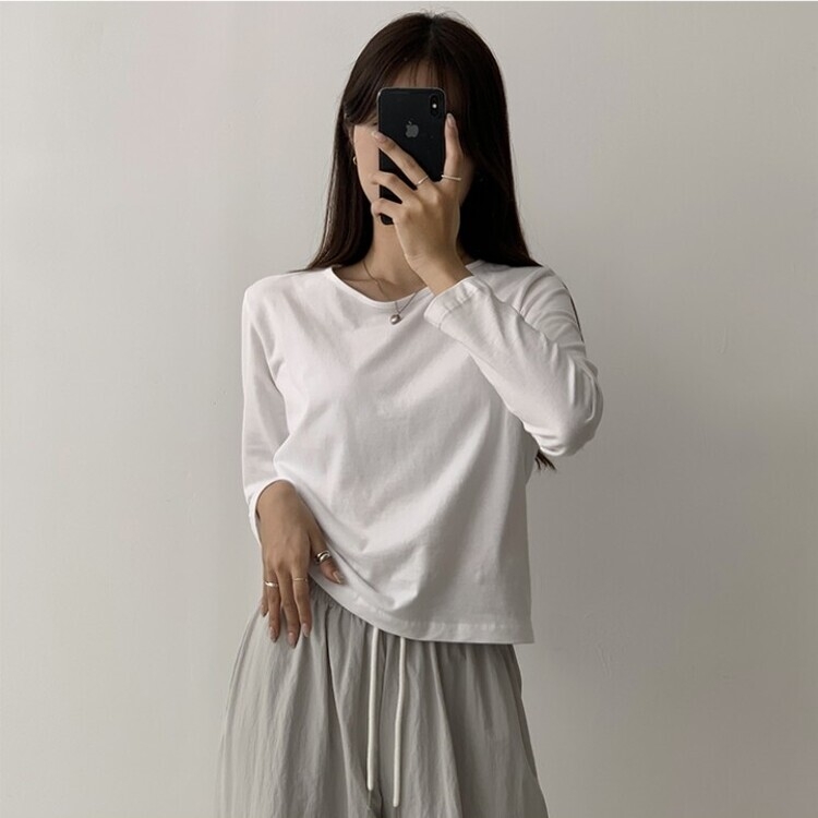 프리미엄 라운드 세미 크롭 데일리 무지긴팔 베이직 긴팔티 기본 레이어드 긴소매티셔츠