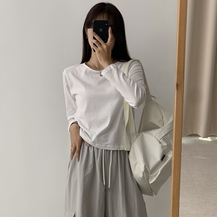 프리미엄 라운드 세미 크롭 데일리 무지긴팔 베이직 긴팔티 기본 레이어드 긴소매티셔츠