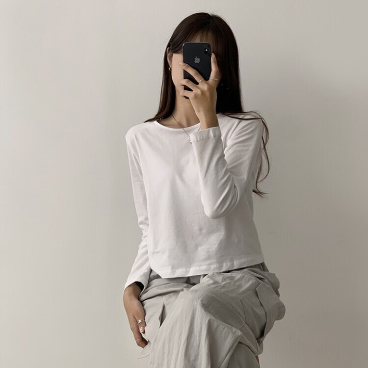 프리미엄 라운드 세미 크롭 데일리 무지긴팔 베이직 긴팔티 기본 레이어드 긴소매티셔츠