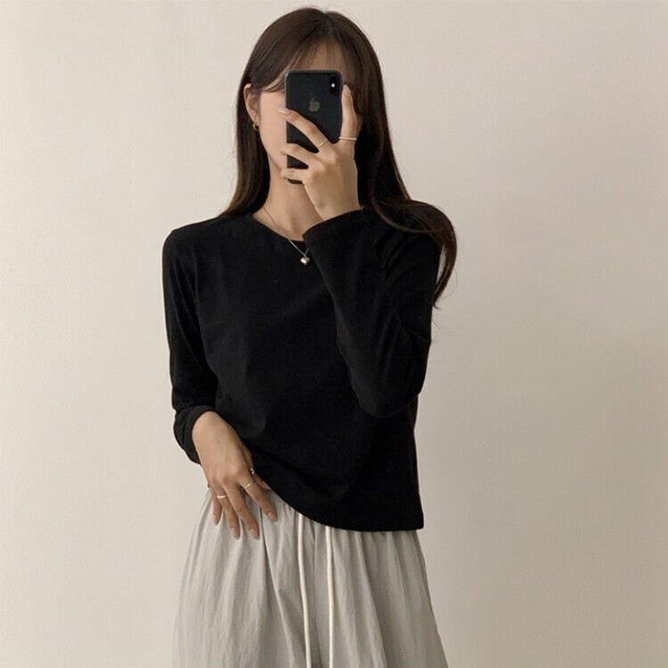 프리미엄 라운드 세미 크롭 데일리 무지긴팔 베이직 긴팔티 기본 레이어드 긴소매티셔츠