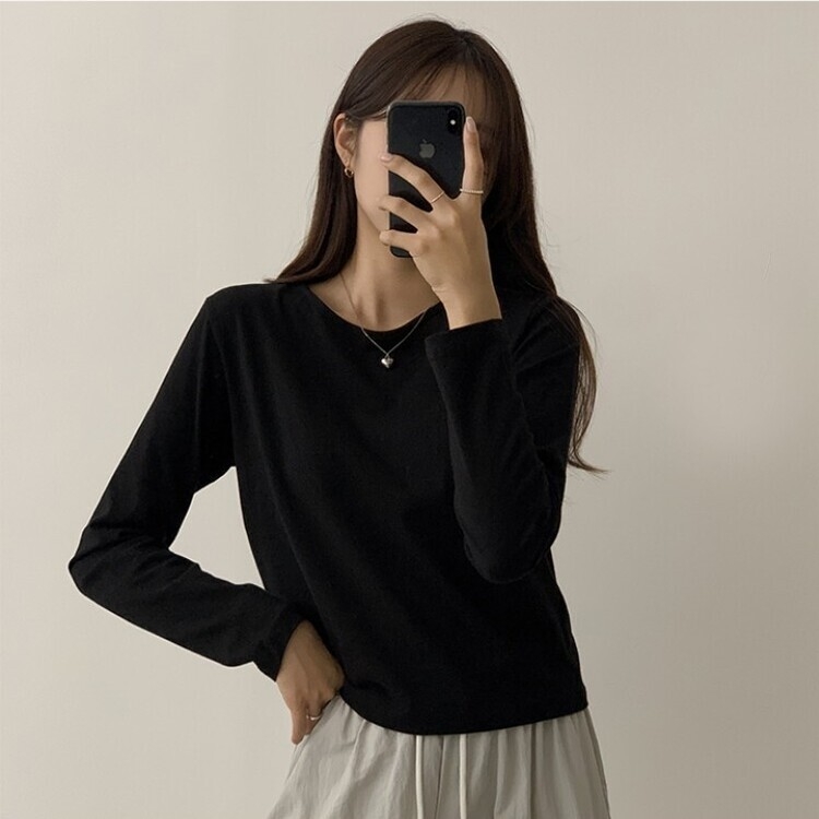 프리미엄 라운드 세미 크롭 데일리 무지긴팔 베이직 긴팔티 기본 레이어드 긴소매티셔츠