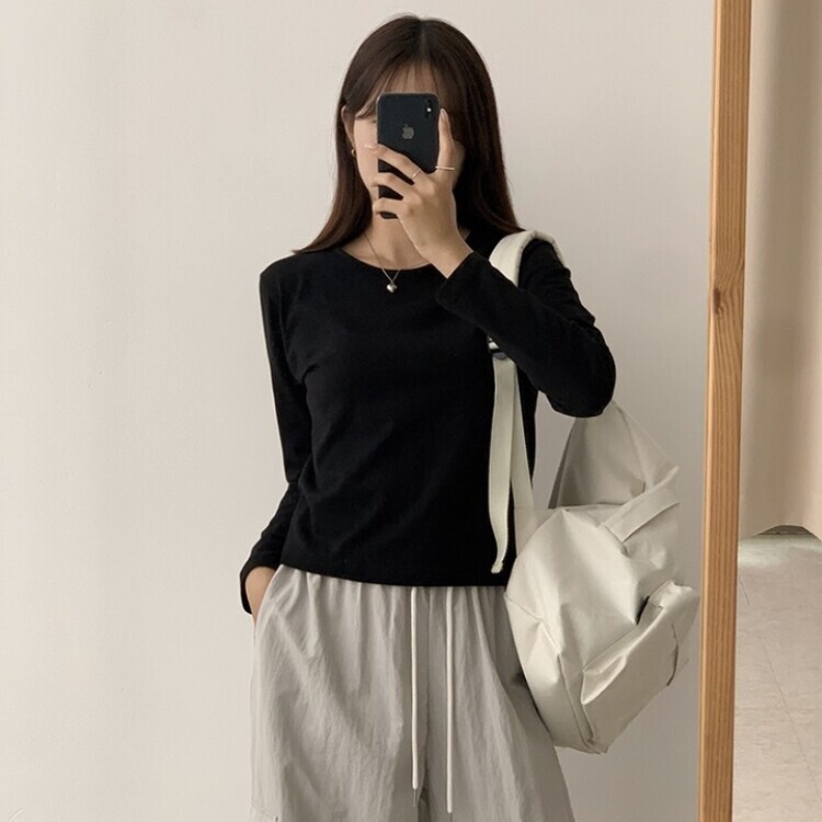 프리미엄 라운드 세미 크롭 데일리 무지긴팔 베이직 긴팔티 기본 레이어드 긴소매티셔츠