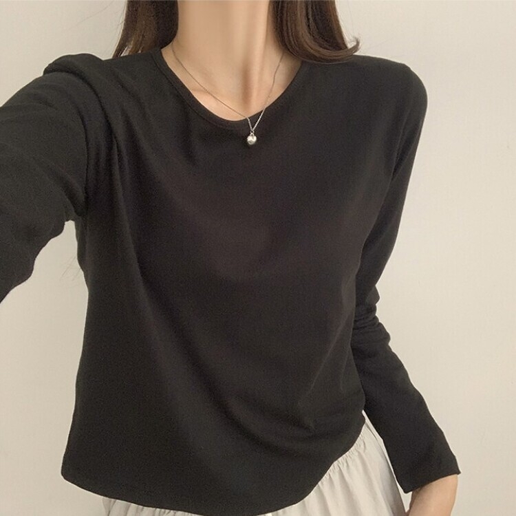 프리미엄 라운드 세미 크롭 데일리 무지긴팔 베이직 긴팔티 기본 레이어드 긴소매티셔츠