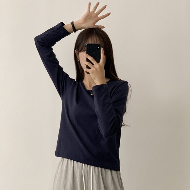 프리미엄 라운드 세미 크롭 데일리 무지긴팔 베이직 긴팔티 기본 레이어드 긴소매티셔츠