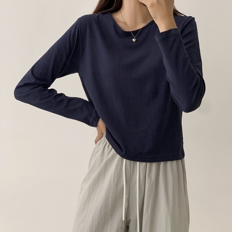 프리미엄 라운드 세미 크롭 데일리 무지긴팔 베이직 긴팔티 기본 레이어드 긴소매티셔츠