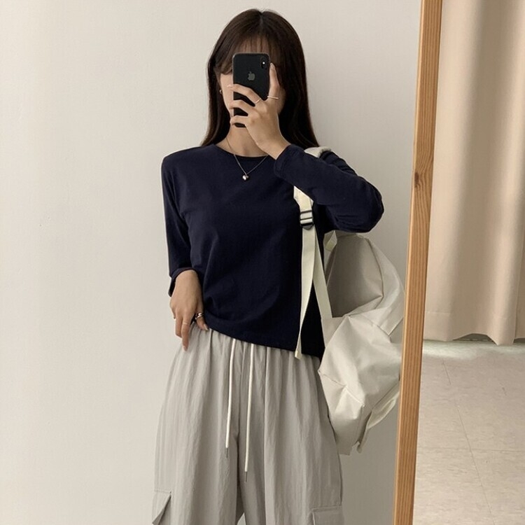 프리미엄 라운드 세미 크롭 데일리 무지긴팔 베이직 긴팔티 기본 레이어드 긴소매티셔츠