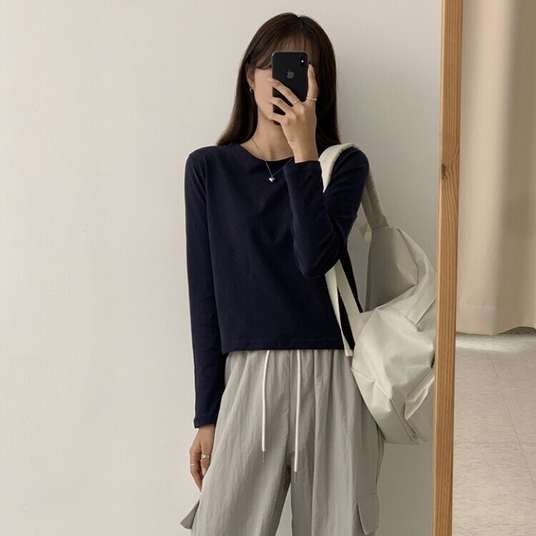 프리미엄 라운드 세미 크롭 데일리 무지긴팔 베이직 긴팔티 기본 레이어드 긴소매티셔츠