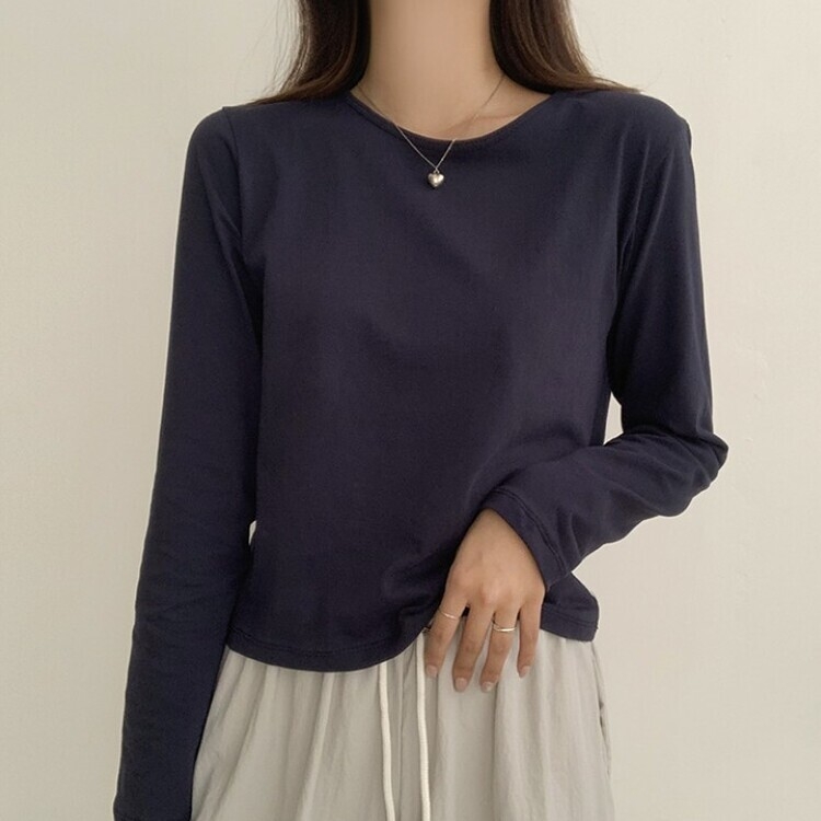 프리미엄 라운드 세미 크롭 데일리 무지긴팔 베이직 긴팔티 기본 레이어드 긴소매티셔츠