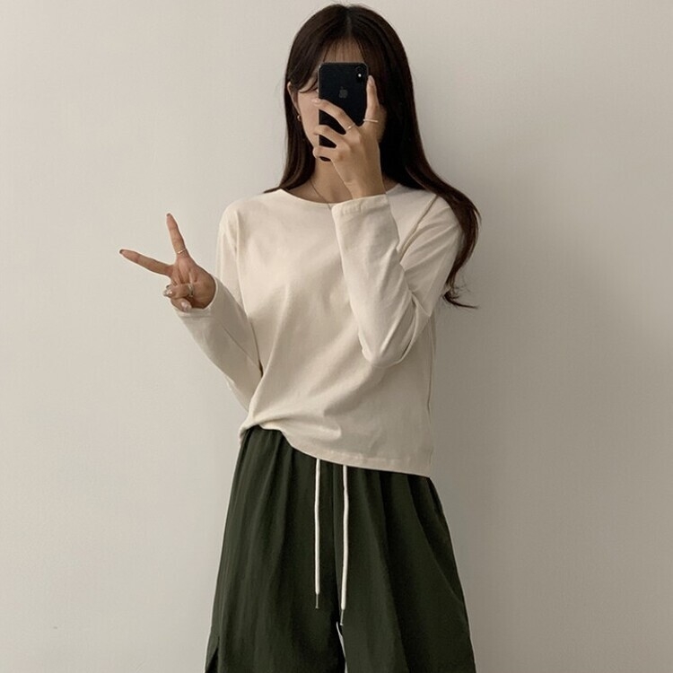 프리미엄 라운드 세미 크롭 데일리 무지긴팔 베이직 긴팔티 기본 레이어드 긴소매티셔츠