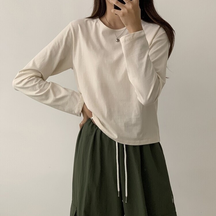 프리미엄 라운드 세미 크롭 데일리 무지긴팔 베이직 긴팔티 기본 레이어드 긴소매티셔츠