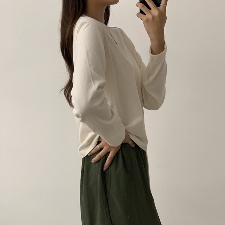 프리미엄 라운드 세미 크롭 데일리 무지긴팔 베이직 긴팔티 기본 레이어드 긴소매티셔츠