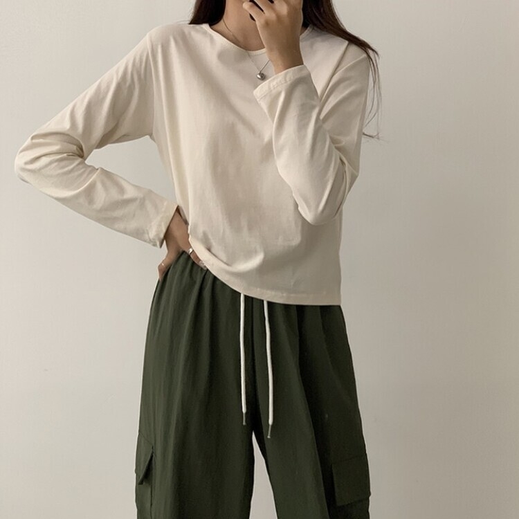 프리미엄 라운드 세미 크롭 데일리 무지긴팔 베이직 긴팔티 기본 레이어드 긴소매티셔츠