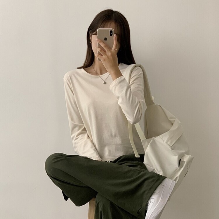 프리미엄 라운드 세미 크롭 데일리 무지긴팔 베이직 긴팔티 기본 레이어드 긴소매티셔츠