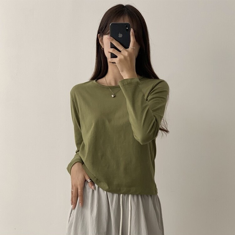 프리미엄 라운드 세미 크롭 데일리 무지긴팔 베이직 긴팔티 기본 레이어드 긴소매티셔츠