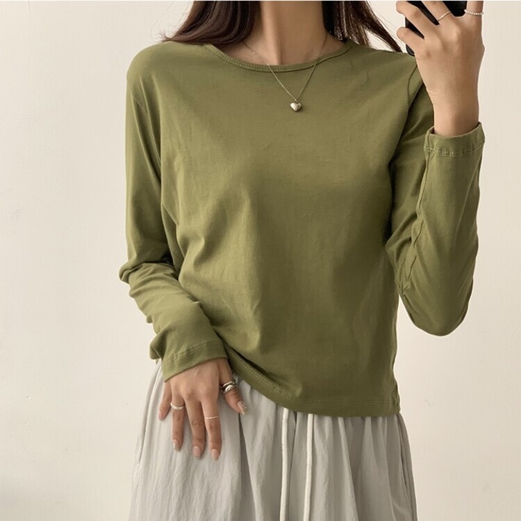 프리미엄 라운드 세미 크롭 데일리 무지긴팔 베이직 긴팔티 기본 레이어드 긴소매티셔츠